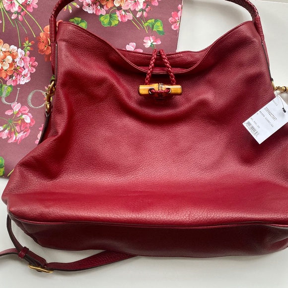Gucci Red Deer Leather Hip Bamboo Handbag Bordeaux Large Soft Shoulder Tote Bag - Picture 13 of 16